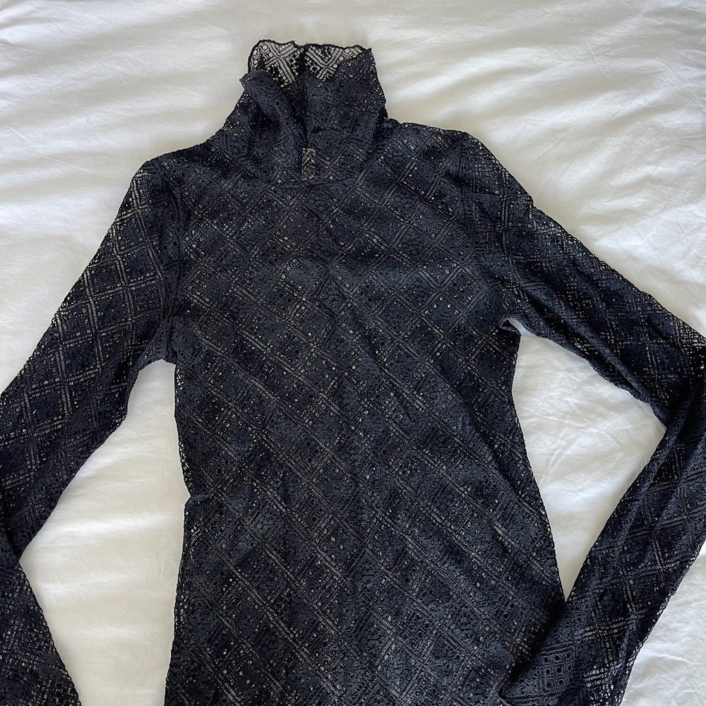 Free People Textured Lace Turtleneck Top